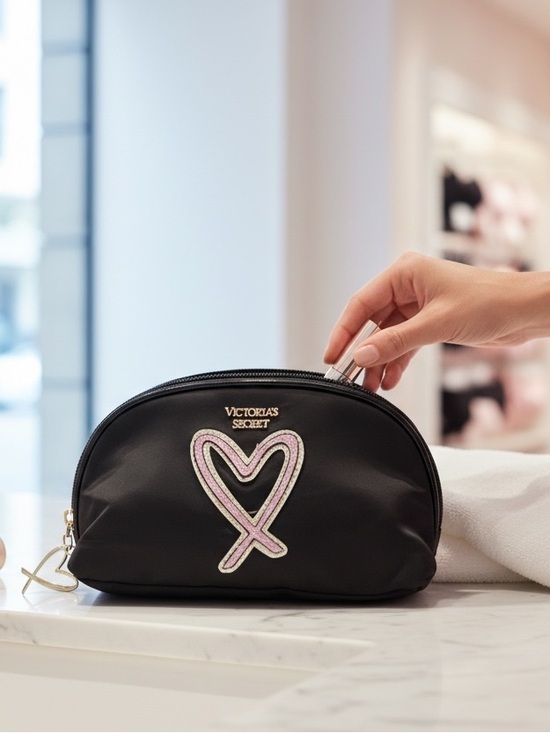 Victoria's Secret Handbags - Victoria's Secret Black Cosmetic Pouch with Pink Heart Accent